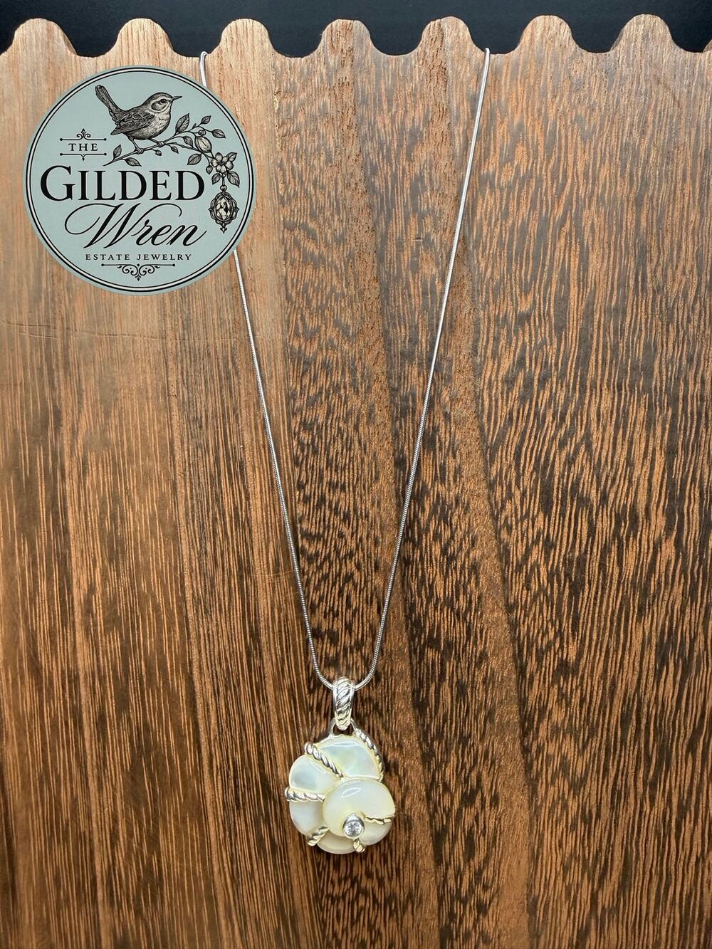 Judith Ripka 925 Mother of Pearl CZ Seashell Pendant 18in Snake Chain